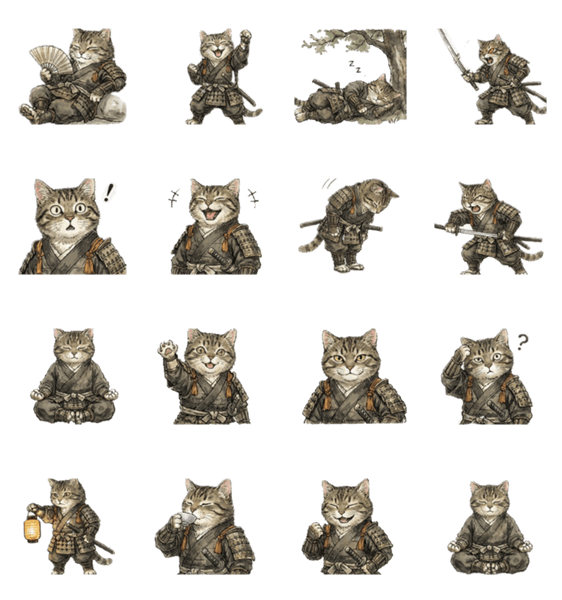 表情とポーズで伝える日常で使える武士猫のスタンプ詳細