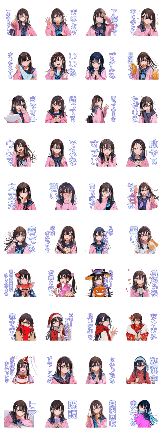 黒髪JK★一年中使えるスタンプのスタンプ詳細