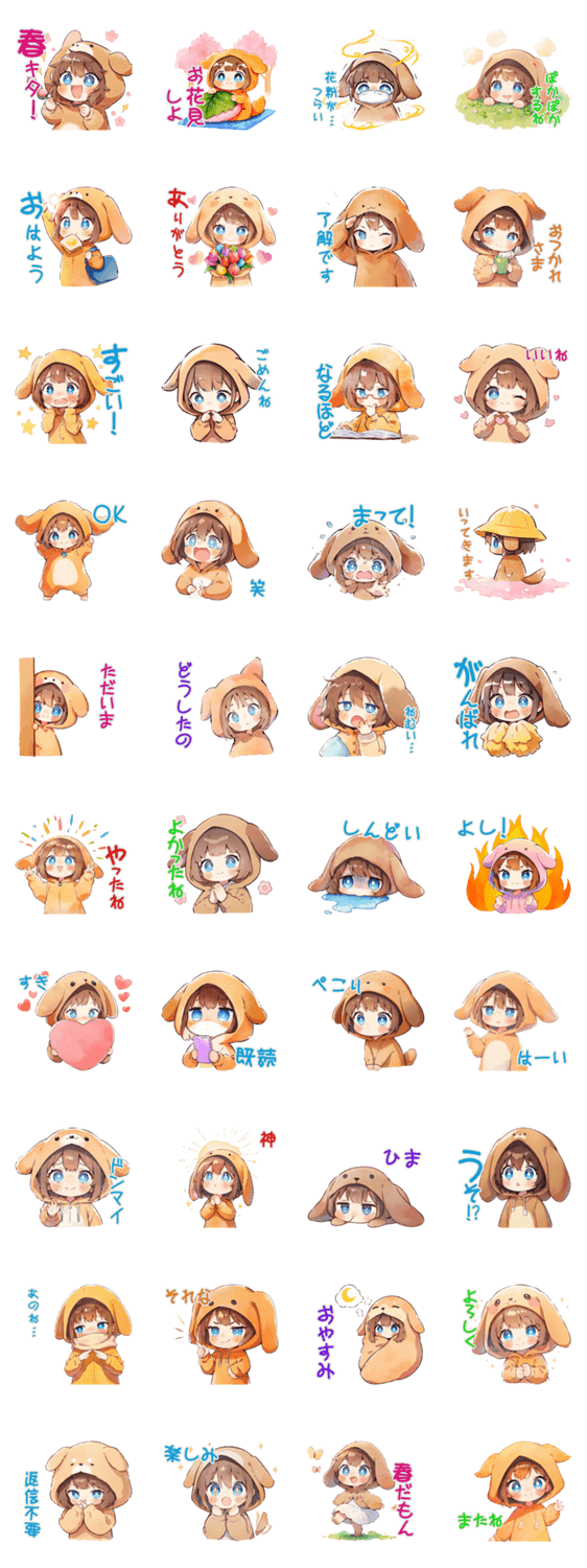 犬耳パーカーの女の子の春のスタンプ詳細