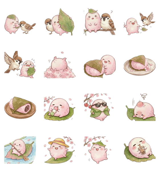 癒し♪桜餅とすずめ【日常】文字無しのスタンプ詳細